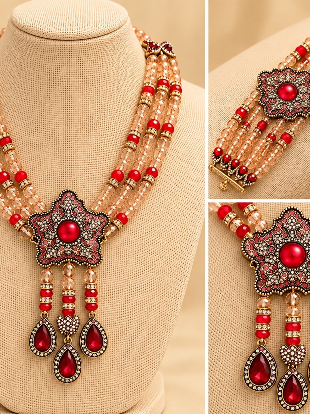 Red Beaded Floral Statement Necklace - Women Jewelry